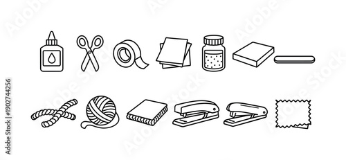 Glue, Scissors, Tape, Paper, Glitter, Eraser, Yarn, Stapler