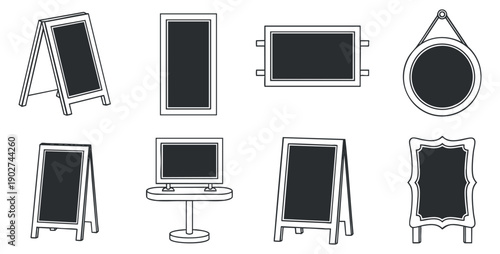 A collection of various signboards, including standing and hanging styles, in black and white outline vector style, ideal for marketing and signage projects