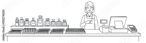 A retail checkout counter with a woman cashier and product bottles in minimalist line art vector style, ideal for business illustrations