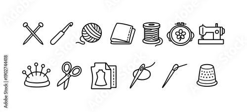 Sewing and Crafting Linear Icon Set. Featuring knitting, crochet, yarn, fabric, spool, embroidery, sewing machine