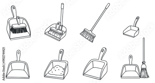 A collection of various cleaning tools including dustpans, brooms, and scoops in minimalist black and white vector style, perfect for cleaning service branding