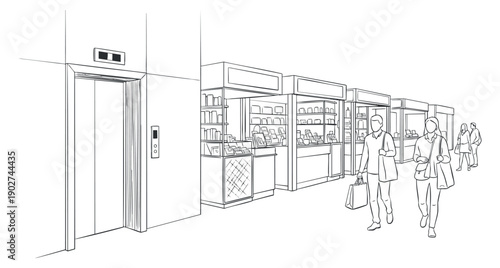 A line art illustration of an elevator and a shopping area with people carrying bags in minimalist vector style, ideal for retail and commercial projects
