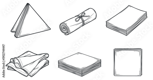 A collection of various paper napkins including folded, rolled, and stacked styles in minimalist outline vector design, suitable for dining and catering projects