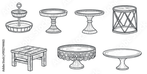 A collection of various decorative tables including cake stands and display tables in black and white line art vector style, perfect for home decor projects