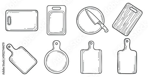 A collection of various cutting boards and a knife in clean black and white outline vector style, perfect for kitchen design projects