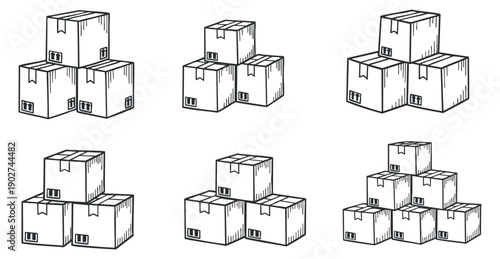 A collection of various stacked boxes in black outline vector style, ideal for logistics and shipping illustrations