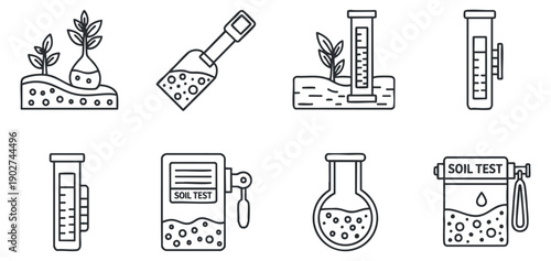 A collection of soil testing icons including plants, test tubes, and measuring tools in minimalist black and white vector style, ideal for educational and scientific materials