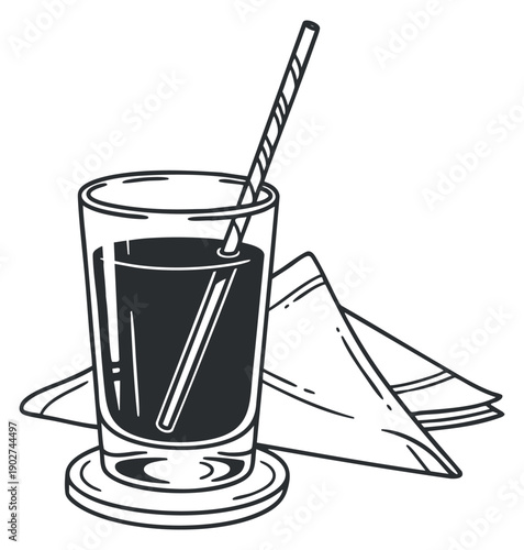 A glass of dark beverage with a straw and a paper napkin in minimalist black and white vector style, ideal for cafe branding and menus