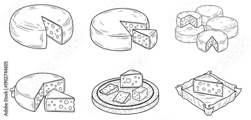 A collection of various cheese types including wheels, slices, and cubes in outline vector style, ideal for food menus and culinary design