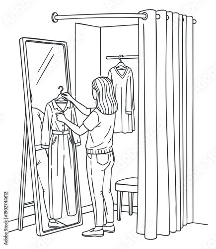 A woman trying on clothes in a dressing room with a large mirror in minimalist black and white line art style, ideal for fashion and retail branding