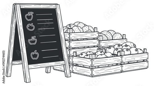 A market stand featuring wooden crates filled with fruits and breads alongside a chalkboard menu in black and white outline vector style, ideal for grocery store branding