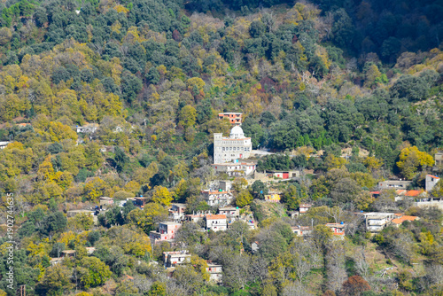 Scenic landscape of lush green mountains and remote village in North Africa, Skikda region