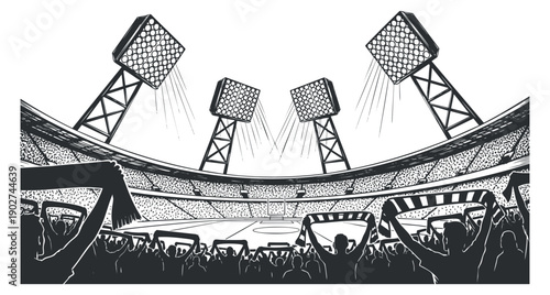 A crowd of cheering fans in a stadium with floodlights in black and white vector style, ideal for sports event promotions