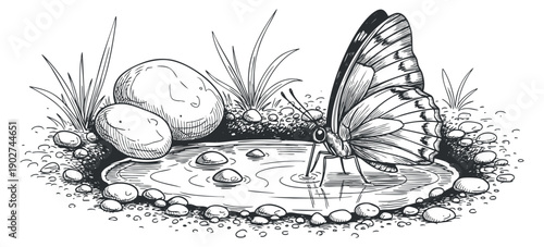 A butterfly drinking water from a pond surrounded by rocks and grass in detailed black and white line art style, ideal for nature-themed projects