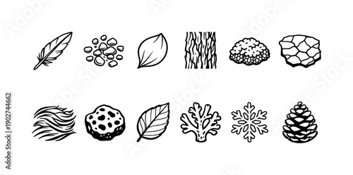 Nature Elements Linear Icon Set. Featuring feather, pebbles, leaf, bark, moss, stone, fur, sponge, coral, snowflake, pinecone