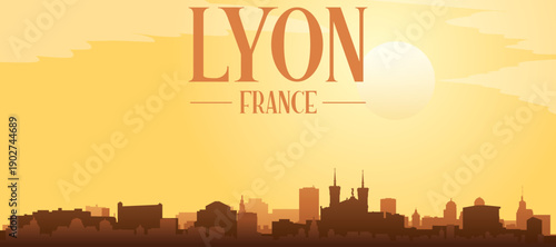 Tableau sur toile Golden yellow panoramic poster of the city skyline with misty background buildin