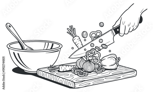 A hand holding a knife chopping vegetables on a wooden cutting board in black and white line art style, ideal for culinary illustrations