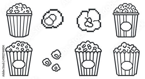 A collection of popcorn buckets and kernels in black and white outline vector style, ideal for food-related designs and movie-themed projects