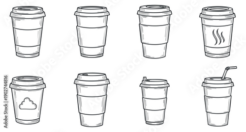 A collection of nine outline sketches of coffee cups in minimalist vector style, suitable for branding and cafe menus