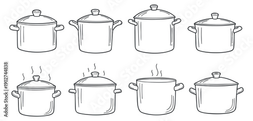 A collection of cooking pots in black and white outline vector style, suitable for kitchenware branding and culinary designs
