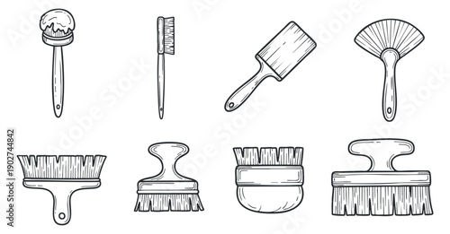 A collection of various cleaning and painting brushes in black and white outline vector style, perfect for art and design projects
