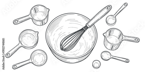 A set of measuring cups and a whisk in an outline style, ideal for culinary and kitchen-themed designs