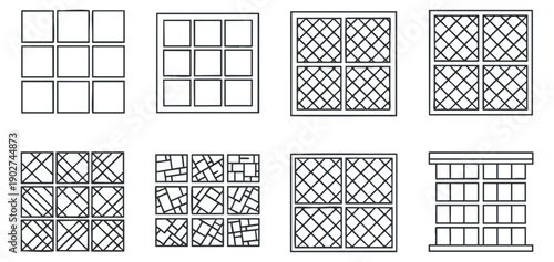 A collection of geometric grid patterns with outlined squares in minimalist vector style, ideal for modern design projects