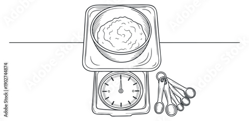 A kitchen scale with a bowl of rice and measuring spoons in a minimalist black and white vector style, ideal for cooking and recipe design
