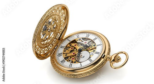 Ornate gold pocket watch open showing mechanical gears, vintage timepiece with decorative engraving