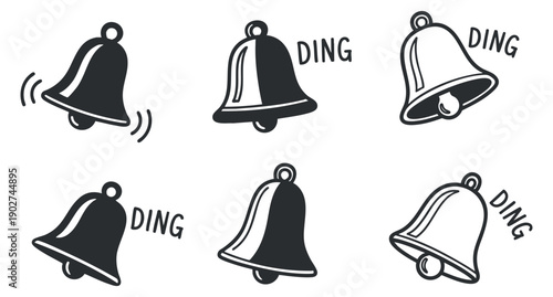 A collection of six bell icons with sound effects in black and white minimalist vector style, ideal for notifications and alert designs