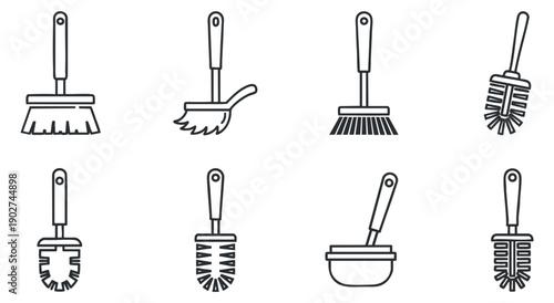 A collection of cleaning tools including brushes, brooms, and dustpans in black and white outline vector style, ideal for cleaning service branding