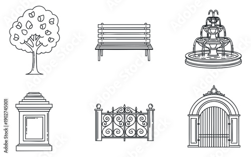 A collection of park elements including a tree, bench, fountain, gate, and decorative features in minimalist black and white outline vector style, suitable for landscaping and outdoor design projects