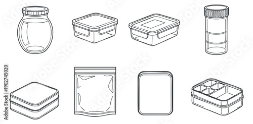 A collection of various containers including jars, boxes, and bottles in minimalist black and white outline vector style, suitable for packaging design and branding