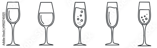 A set of five different beverage glasses in outline minimalist vector style, ideal for bar menus and party invitations