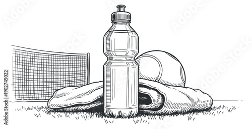 A sports water bottle, towel, and tennis ball near a net in a hand-drawn sketch style, ideal for fitness and wellness projects