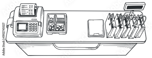 A cash register and office supplies on a counter in black and white line art vector style, suitable for retail and business illustrations