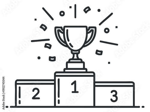 A trophy on a podium with confetti and stars in minimalist line art vector style, perfect for award and achievement design