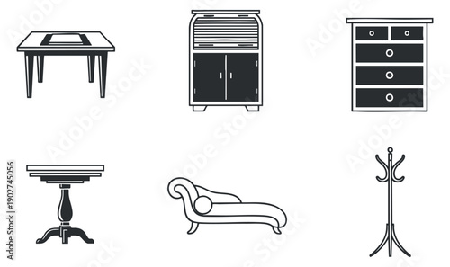 A collection of furniture icons including tables, chairs, cabinets, and dressers in minimalist black and white vector style, ideal for interior design projects