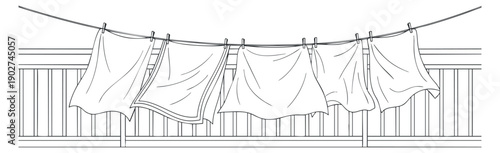 A collection of laundry hanging on a clothesline in minimalist black and white vector style, suitable for domestic illustrations and home care themes