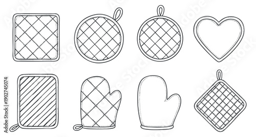 A collection of outlined kitchen oven mitts and pot holders in minimalist vector style, ideal for cooking and home decor