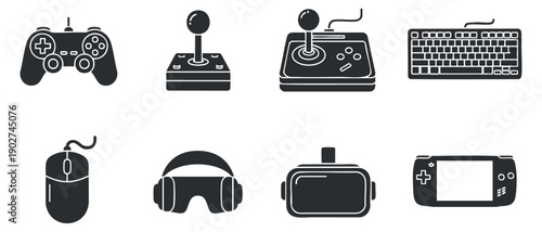 A collection of gaming accessories including a game controller, joystick, mouse, keyboard, and headset in flat modern vector style, ideal for gaming design and technology projects