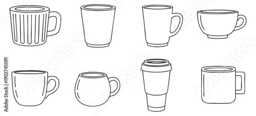 A collection of various coffee and tea mugs in minimalist outline vector style, perfect for beverage branding and cafe designs