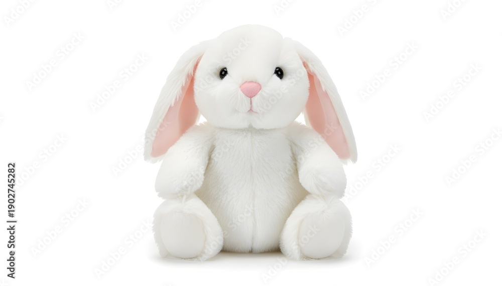 Fototapeta premium White plush bunny toy with pink nose and floppy ears, soft stuffed rabbit cuddly Easter gift