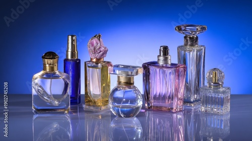 exclusivity. Luxury perfume bottles arranged in a striking geometric pattern on a gradient blue backdrop. lifestyle magazines.
