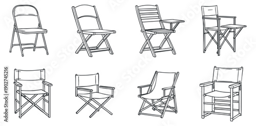 A collection of eight folding chairs in black outline vector style, suitable for interior and outdoor design projects