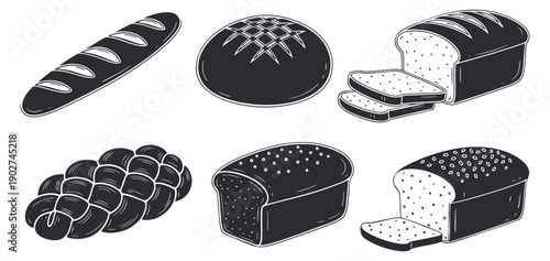 A collection of various bread types including baguette, rolls, and loaves in a detailed black and white vector style, ideal for bakery branding and food menus