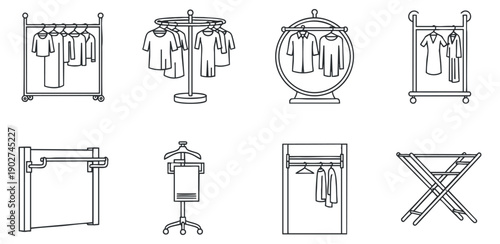 A collection of clothing racks and hangers in minimalist lineart vector style, ideal for fashion retail and home organization