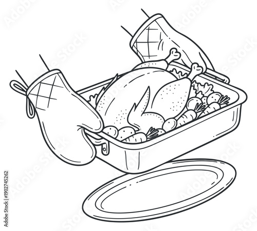 A roasted chicken with vegetables being taken out of the oven by gloved hands in a simple outline drawing style, ideal for cooking-related projects