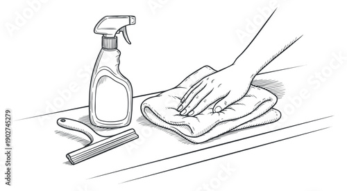 A hand wiping a surface with a cloth and spray bottle in minimalist vector style, ideal for cleaning service branding