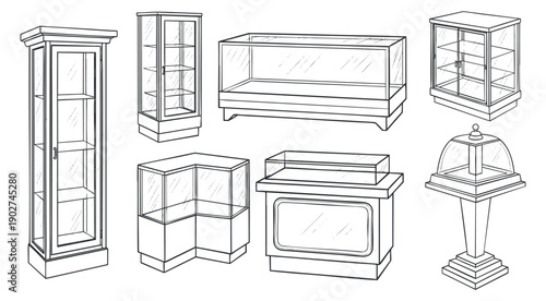 A collection of various furniture pieces including display cases and cabinets in outline vector style, suitable for interior design projects